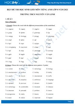 Bộ 5 đề thi học sinh giỏi môn Tiếng Anh lớp 8 năm 2021 Trường THCS Nguyễn Văn Linh