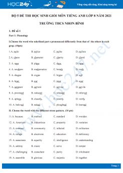 Bộ 5 đề thi học sinh giỏi môn Tiếng Anh lớp 8 năm 2021 Trường THCS Nhơn Bình