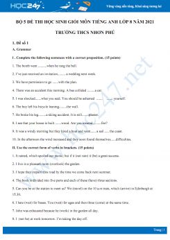 Bộ 5 đề thi học sinh giỏi môn Tiếng Anh lớp 8 năm 2021 Trường THCS Nhơn Phú