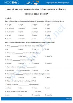Bộ 5 đề thi học sinh giỏi môn Tiếng Anh lớp 8 năm 2021 Trường THCS Tây Sơn