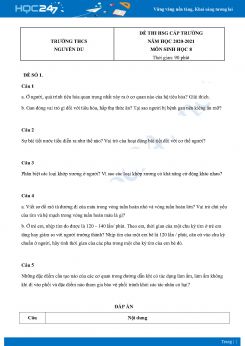 Bộ 5 Đề thi HSG môn Sinh Học 8 năm 2021 Trường THCS Nguyễn Du có đáp án