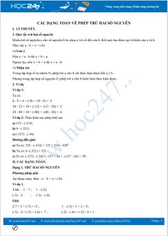 Các dạng toán về Phép trừ hai số nguyên Toán 6