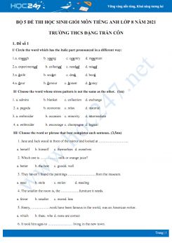 Bộ 5 đề thi học sinh giỏi môn Tiếng Anh lớp 8 năm 2021 Trường THCS Đặng Trần Côn