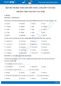 Bộ 5 đề thi học sinh giỏi môn Tiếng Anh lớp 9 năm 2021 Trường THCS Nguyễn Văn Nghi