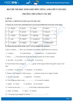 Bộ 5 đề thi học sinh giỏi môn Tiếng Anh lớp 9 năm 2021 Trường THCS Phan Tây Hồ