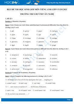 Bộ 5 đề thi học sinh giỏi môn Tiếng Anh lớp 9 năm 2021 Trường THCS Huỳnh Văn Nghệ