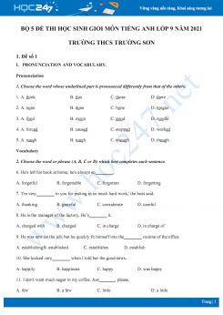 Bộ 5 đề thi học sinh giỏi môn Tiếng Anh lớp 9 năm 2021 Trường THCS Trường Sơn