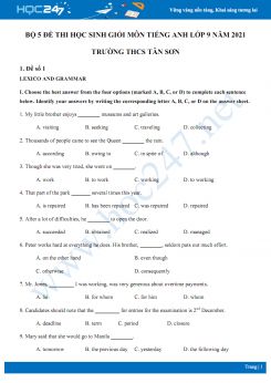 Bộ 5 đề thi học sinh giỏi môn Tiếng Anh lớp 9 năm 2021 Trường THCS Tân Sơn