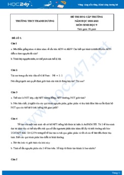 Bộ 5 Đề thi HSG môn Sinh Học 9 năm 2021 Trường THCS Thanh Dương có đáp án
