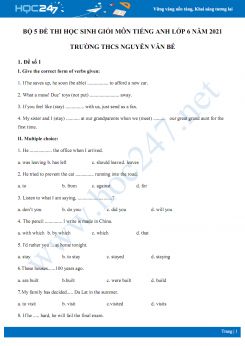 Bộ 5 đề thi học sinh giỏi môn Tiếng Anh lớp 6 năm 2021 Trường THCS Nguyễn Văn Bé
