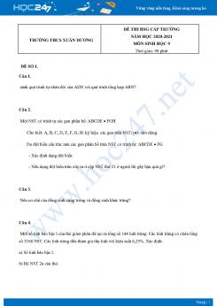 Bộ 4 Đề thi HSG môn Sinh Học 9 năm 2021 Trường THCS Xuân Dương có đáp án