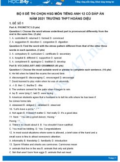 Bộ 5 đề thi chọn HSG môn Tiếng Anh 12 có đáp án năm 2021 Trường THPT Hoàng Diệu
