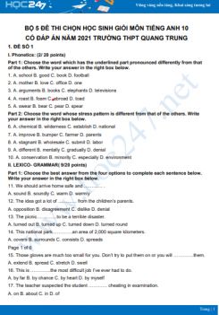 Bộ 5 đề thi chọn HSG môn Tiếng Anh 10 có đáp án năm 2021 Trường THPT Quang Trung