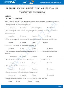 Bộ 5 đề thi học sinh giỏi môn Tiếng Anh lớp 9 năm 2021 Trường THCS Chánh Hưng