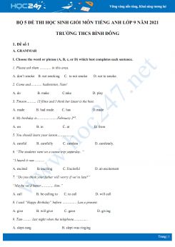 Bộ 5 đề thi học sinh giỏi môn Tiếng Anh lớp 9 năm 2021 Trường THCS Bình Đông