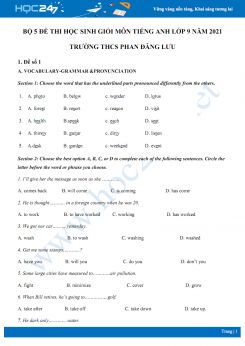 Bộ 5 đề thi học sinh giỏi môn Tiếng Anh lớp 9 năm 2021 Trường THCS Phan Đăng Lưu