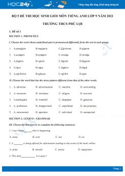 Bộ 5 đề thi học sinh giỏi môn Tiếng Anh lớp 9 năm 2021 Trường THCS Phú Lợi