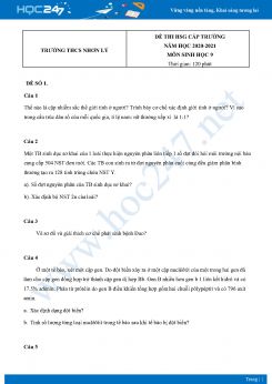 Bộ 5 Đề thi HSG môn Sinh Học 9 năm 2021 Trường THCS Nhơn Lý có đáp án