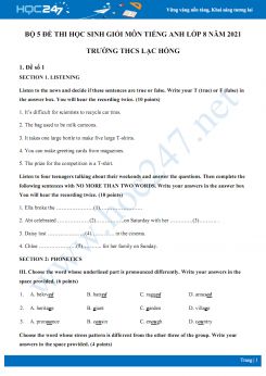 Bộ 5 đề thi học sinh giỏi môn Tiếng Anh lớp 8 năm 2021 Trường THCS Lạc Hồng