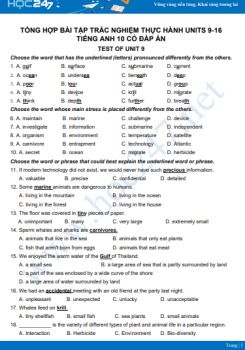 Tổng hợp bài tập trắc nghiệm thực hành Units 9-16 Tiếng Anh 10 có đáp án