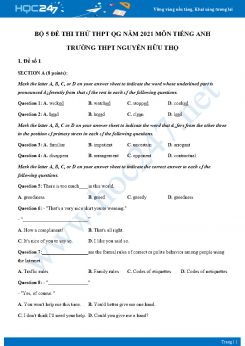 Bộ 5 đề thi thử THPT QG năm 2021 môn Tiếng Anh Trường THPT Nguyễn Hữu Thọ