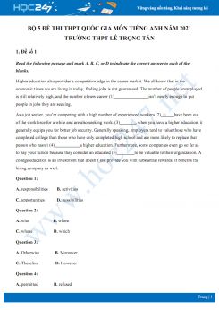 Bộ 5 đề thi thử THPT QG năm 2021 môn Tiếng Anh Trường THPT Lê Trọng Tấn