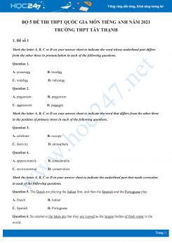 Bộ 5 đề thi thử THPT QG năm 2021 môn Tiếng Anh Trường THPT Tây Thạnh