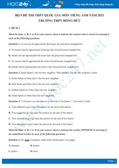 Bộ 5 đề thi thử THPT QG năm 2021 môn Tiếng Anh Trường THPT Hồng Đức
