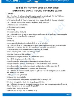 Bộ 5 đề thi thử THPT QG năm 2021 môn GDCD Trường THPT Hồng Quang