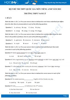 Bộ 5 đề thi thử THPT QG năm 2021 môn Tiếng Anh Trường THPT Nam Lý