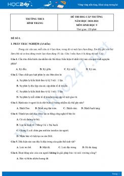 Bộ 5 Đề thi HSG môn Sinh Học 9 năm 2021 Trường THCS Bình Thắng có đáp án