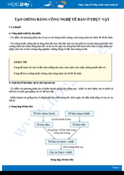 Tổng ôn Tạo giống bằng công nghệ tế bào ở thực vật Sinh học 12