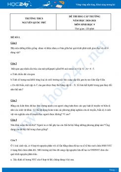 Bộ 5 Đề thi HSG môn Sinh Học 9 năm 2021 Trường THCS Nguyễn Quốc Phú có đáp án