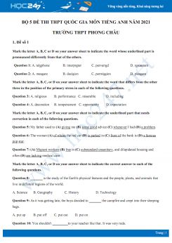 Bộ 5 đề thi thử THPT QG năm 2021 môn Tiếng Anh Trường THPT Phong Châu