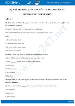 Bộ 5 đề thi thử THPT QG năm 2021 môn Tiếng Anh Trường THPT Nguyễn Hiền