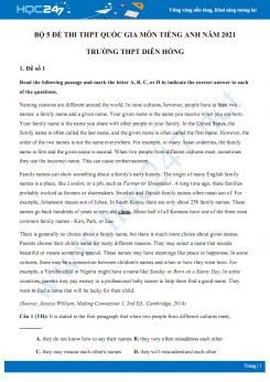 Bộ 5 đề thi thử THPT QG năm 2021 môn Tiếng Anh Trường THPT Diên Hồng