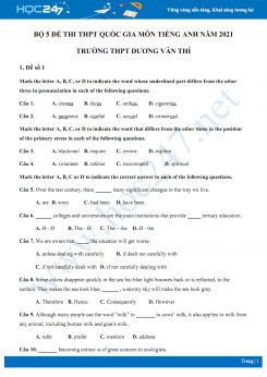 Bộ 5 đề thi thử THPT QG năm 2021 môn Tiếng Anh Trường THPT Dương Văn Thì