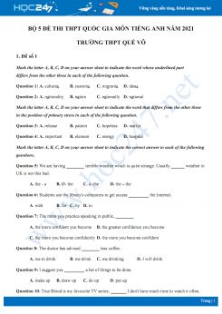 Bộ 5 đề thi thử THPT QG năm 2021 môn Tiếng Anh Trường THPT Quế Võ