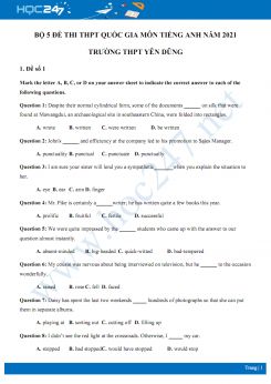 Bộ 5 đề thi thử THPT QG năm 2021 môn Tiếng Anh Trường THPT Yên Dũng