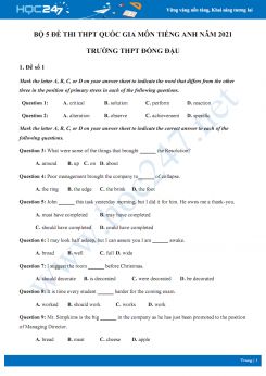 Bộ 5 đề thi thử THPT QG năm 2021 môn Tiếng Anh Trường THPT Đồng Đậu