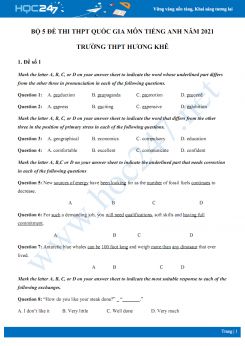 Bộ 5 đề thi thử THPT QG năm 2021 môn Tiếng Anh Trường THPT Hương Khê