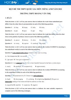 Bộ 5 đề thi thử THPT QG năm 2021 môn Tiếng Anh Trường THPT Hoàng Văn Thụ