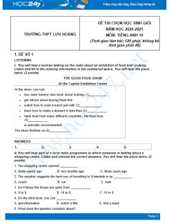 Bộ 5 đề thi chọn HSG môn Tiếng Anh 10 có đáp án năm 2021 Trường THPT Lưu Hoàng