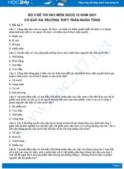 Bộ 5 đề thi HK2 môn GDCD 12 có đáp án năm 2021 Trường THPT Trần Nhân Tông