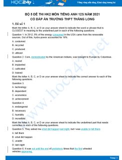 Bộ 5 đề thi HK2 môn Tiếng Anh 12 có đáp án năm 2021 Trường THPT Thăng Long