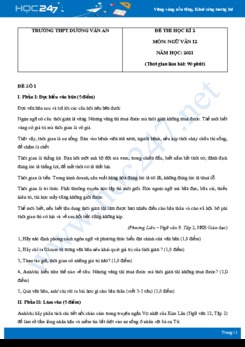 Bộ 5 đề thi HK2 môn Ngữ văn 12 năm 2021 Trường THPT Dương Văn An