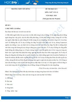 Bộ 5 đề thi HK2 môn Ngữ văn 12 năm 2021 Trường THPT Yên Dũng