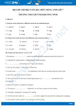 Bộ 5 đề thi HK2 môn Tiếng Anh 7 năm 2021 Trường THCS Huỳnh Khương Ninh