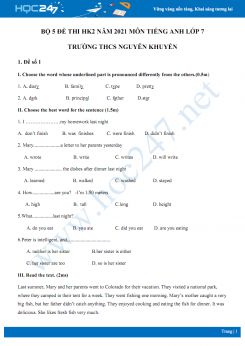 Bộ 5 đề thi HK2 môn Tiếng Anh 7 năm 2021 Trường THCS Nguyễn Khuyến
