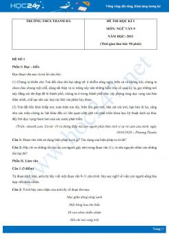 Bộ 5 đề thi HK2 môn Ngữ văn 9 năm 2021 Trường THCS Thanh Hà